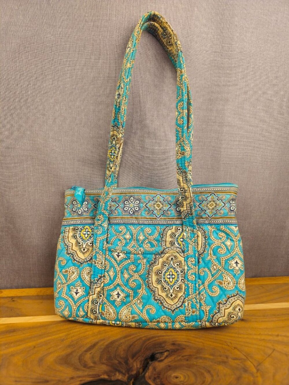 Vera Bradley Turquoise & Beige Paisley Shoulder Bag With Zip Closure & Multiple